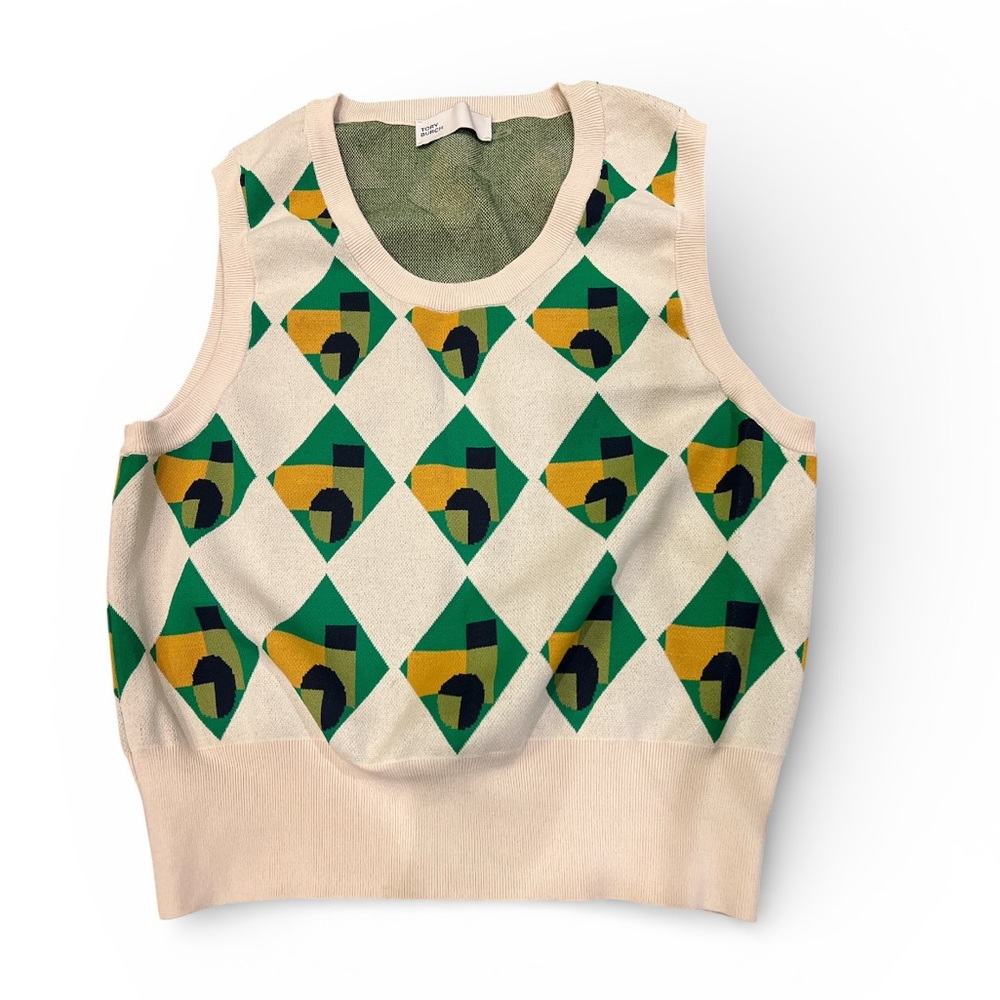 Tory Burch FW23 Geometric Knit Vest Sample Sale Green Yellow Sweater Size S